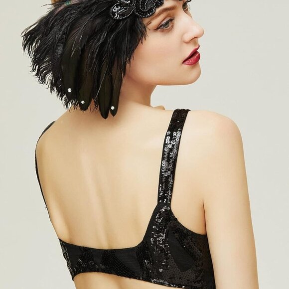 1920s Flapper Headband Black Feather Headpiece 20s Gatsby Accessory - Picture 4 of 6